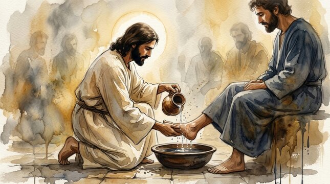 Jesus washing the feet of His disciples during Holy Week in an artistic depiction.