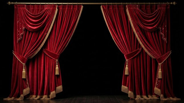 Red velvet circus curtains on an isolated black background.