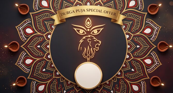 Durga Puja Sale Banner - Minimalist Eyes, Lion and Trishul Emblem.
