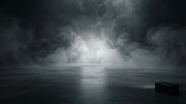 Thick white smoke clouds rolling over a dark concrete floor in a moody studio environment
