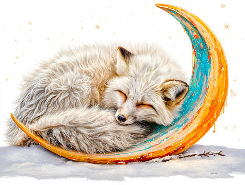 A fox in a curled sleep pose, its tail forming a pastel crescent moon.
