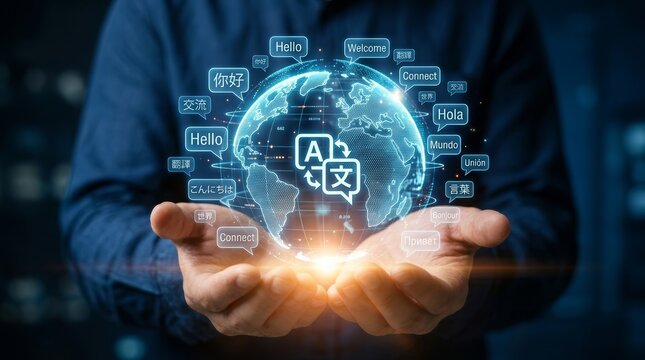 A person holding a holographic globe representing multilingual language translation technology.
