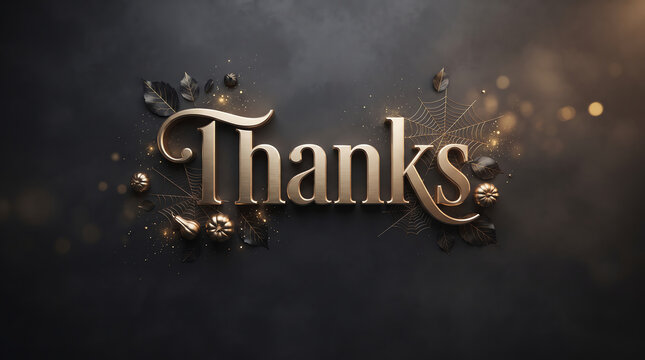 Elegant metallic thanks typography design with glowing golden particles on a dark textured background for presentation closing