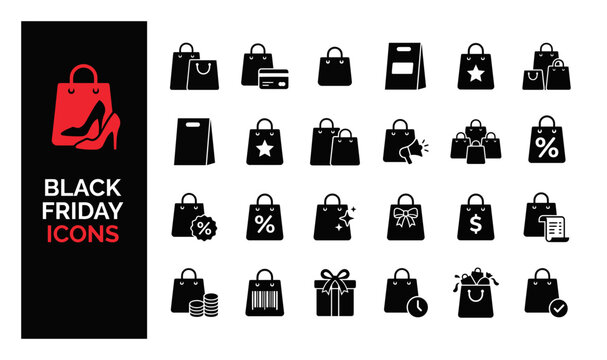 Black Friday icons set, shopping bag vector collection, retail commerce symbols for seasonal sales and marketing promotions