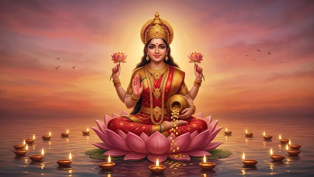 Goddess Lakshmi at Dusk - Glowing Diyas Around a Sacred Lotus.