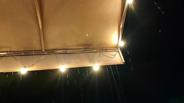 Raindrops dripping from yellow roof with shining lanterns against black sky at night. Drops of water dripping from the roof above. Bottom view