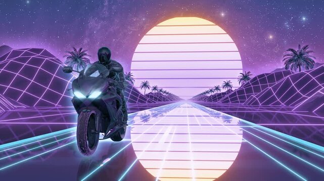 Purple Synthwave Cyberpunk Retro Motorcycle & Rider - Front View - VJ Loop Motion Background