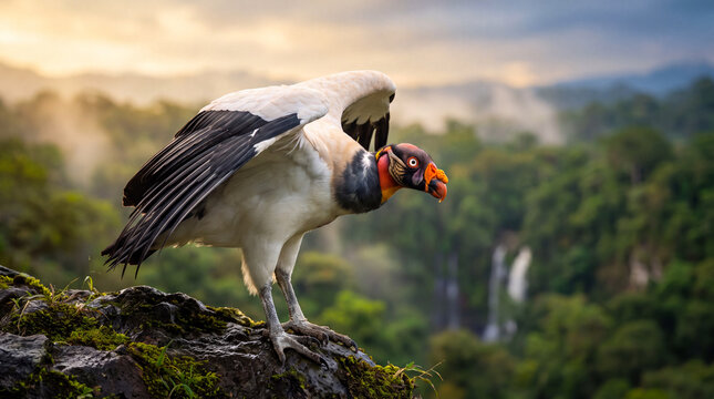 Powerful King Vulture scavenger bird of prey with striking vibrant head plumage standing prominently on a mossy rocky cliff edge overlooking a tropical valley
