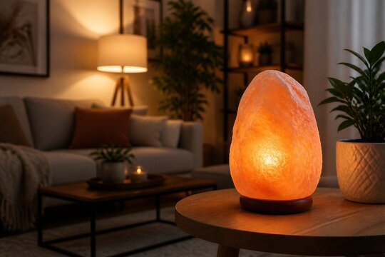 Soft glow bathes cozy living space. Warm light emanates from Himalayan salt lamp. Plants add touch of nature to tranquil room. Candle flickers beside lamp, enhancing calm ambiance