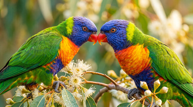 Pair of wild Rainbow Lorikeet parrots interacting face to face displaying vivid colorful plumage while perched on a flowering eucalyptus tree branch in the spring