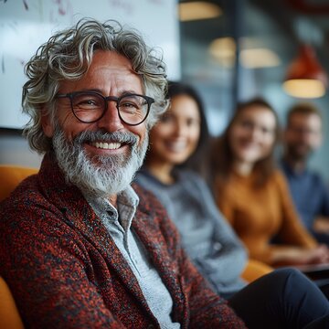 Confident middle aged male professional with grey hair and glasses smiling in a modern corporate office environment