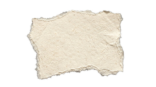 Torn piece of handmade recycled paper scrap with rough edges isolated on a white background, perfect for texturized copy space and design