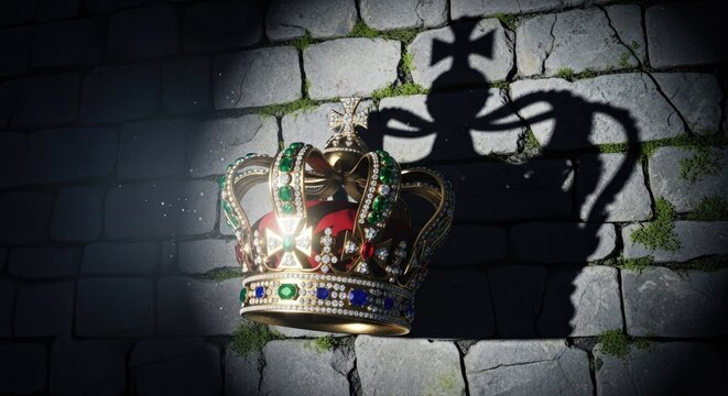 Royal crown casting king chess piece shadow on stone