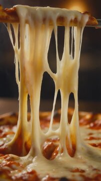 Macro Close-up View of a Hot Pizza Slice Being Pulled Away with Stretchy Melted Mozzarella Cheese Strings Creating an Appetizing Culinary Scene