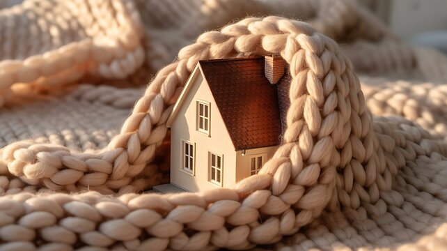 Miniature house model nestled inside a soft beige knitted blanket creating a cozy and warm atmosphere for real estate and home comfort themes