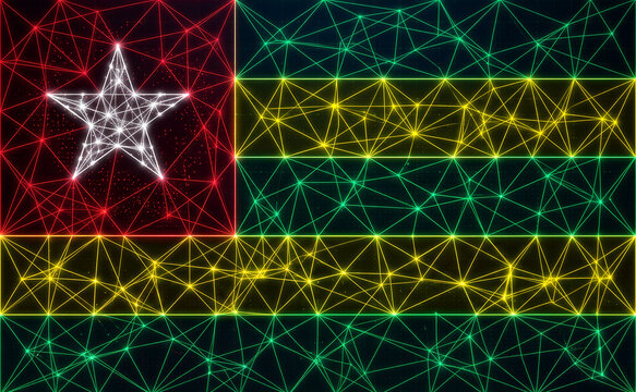 Togo flag digital technology background, neon glowing low poly network connection, futuristic geometric plexus map