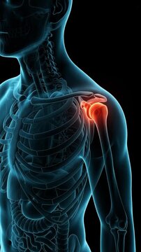 3D medical animation of human skeleton with glowing red areas indicating pain, injury, or inflammation in the shoulder joint and arm bones, representing orthopedic issues.
