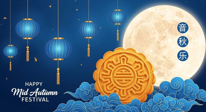 Happy mid autumn festival with blue lanterns moon and mooncake on dark blue background