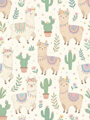 Naklejka premium Pattern with cute llamas wearing flower crowns and colorful saddle blankets surrounded by potted cacti and floral elements for nursery textiles and children's room decor