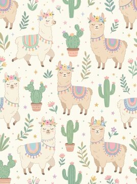 Pattern with cute llamas wearing flower crowns and colorful saddle blankets surrounded by potted cacti and floral elements for nursery textiles and children's room decor