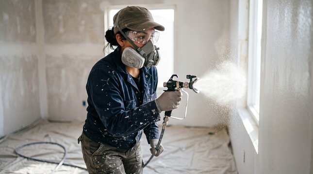 Woman wearing safety gear uses a paint sprayer on wall indoors