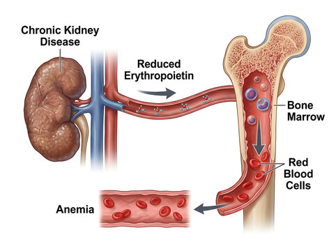 Chronic kidney disease causing anemia illustration isolated on white background
