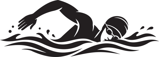 Fototapeta premium Stylized vector graphic illustration featuring a professional competitive swimmer performing a fast freestyle stroke in deep blue refreshing wavy water