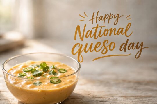 Bowl of creamy melted cheese dip with jalapenos and cilantro, National Queso Day celebration food, festive appetizer for Mexican cuisine themed parties