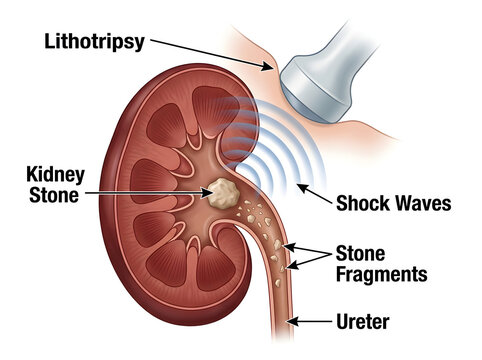 Medical illustration of lithotripsy breaking kidney stone isolated on white background