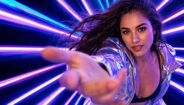 Dynamic portrait of a girl with wavy hair, wearing a silver metallic jacket, reaching a hand out towards the camera in a tunnel of glowing purple and blue neon lights