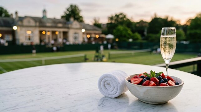 Champagne and fresh berries served on a marble table overlooking a grass tennis court at a summer tournament event, luxury hospitality and VIP sports spectator experience