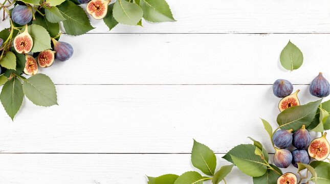 Fresh purple figs with green foliage arranged on a rustic white wooden background, food photography flat lay for healthy menu display and seasonal cooking inspiration