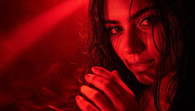 Intense, close-up portrait of a woman smiling faintly, looking directly at the camera, with a manicured hand raised near her chin, all bathed in dramatic red light