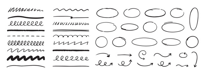 Hand drawn doodle outline collection of decorative brush strokes, circles, arrows and squiggles in black on white background for annotation, accents and graphic layouts © Yanka