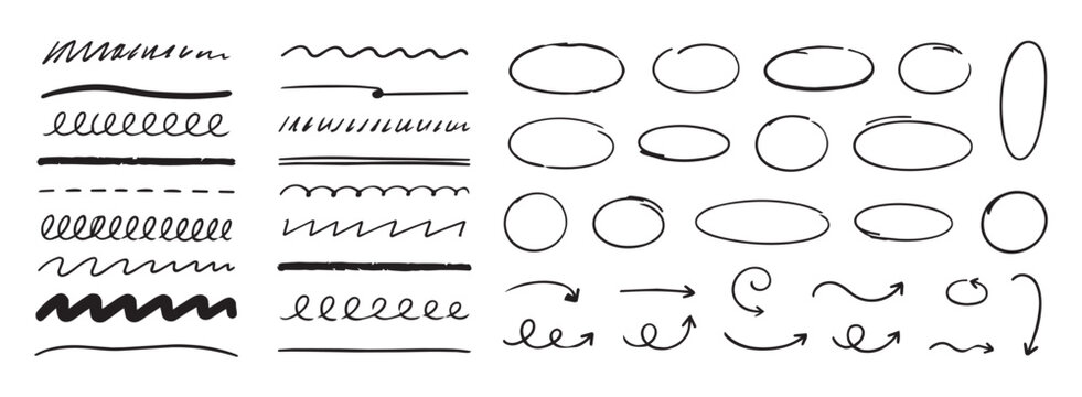 Hand drawn doodle outline collection of decorative brush strokes, circles, arrows and squiggles in black on white background for annotation, accents and graphic layouts