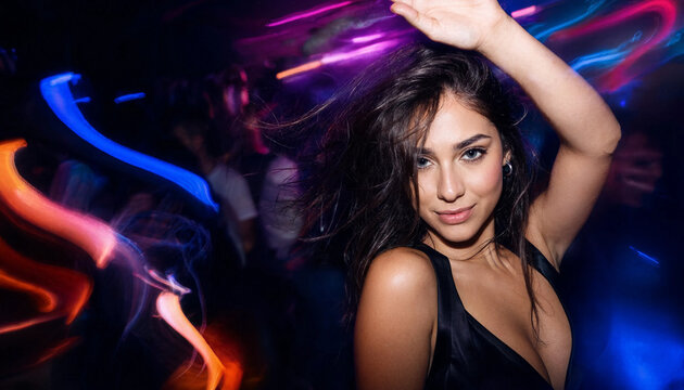 Vibrant close-up of a young woman with a joyful expression and wind-swept hair, dancing in a club with colorful lights and motion blur