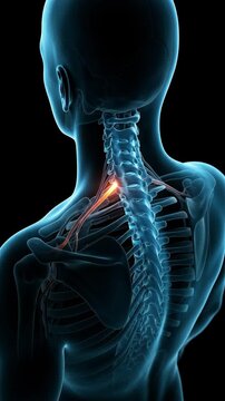 3D rendered medical illustration of human back with glowing pain points in the neck, shoulders, and upper spine, highlighting nerves and muscles. Depicts anatomical structure and discomfort.