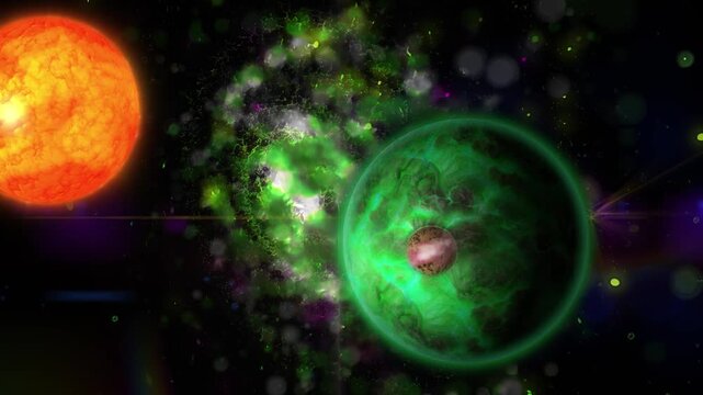 A massive celestial sphere floats through space, encircled by luminous rings, with a smaller satellite and distant stellar objects nearby.