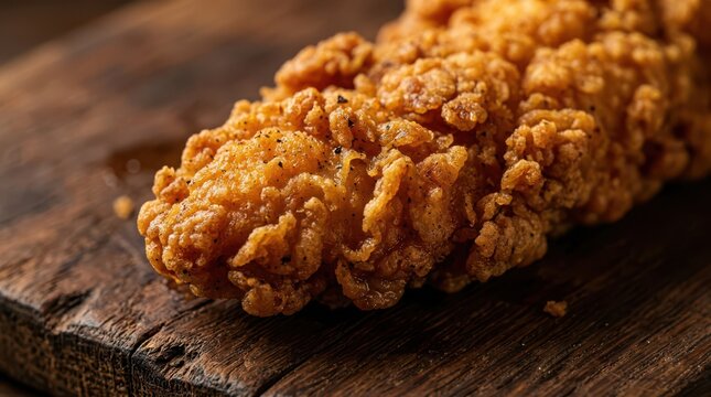 Close-up macro shot of a single crispy golden fried chicken tender placed on a rustic wooden board