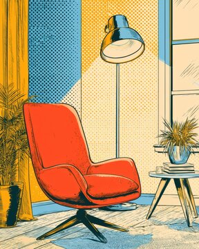 A cozy corner features a red chair and a lamp with plants and books around. The space shows vibrant colors and retro design.