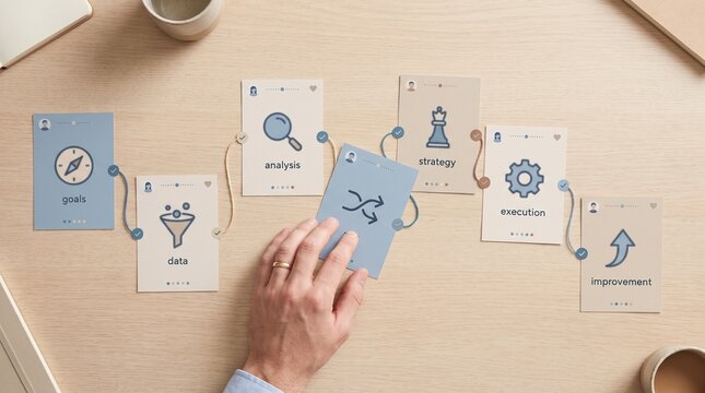 A hand places a data processing card into a linear business workflow on a light wooden table with other cards.