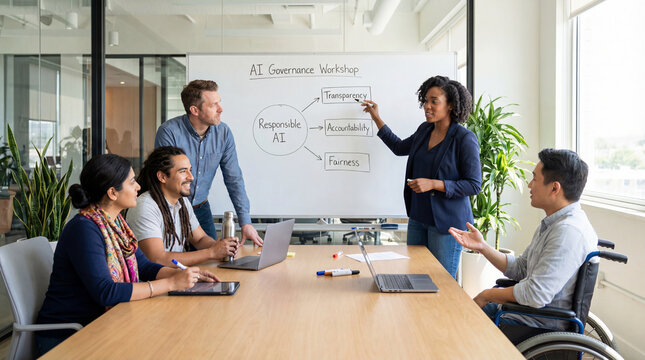 Diverse business team in an AI governance workshop discusses responsible technology policy, ethics, transparency, accountability and fairness while reviewing a whiteboard