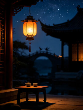 Chinese style lantern hanging with warm light in courtyard night scene