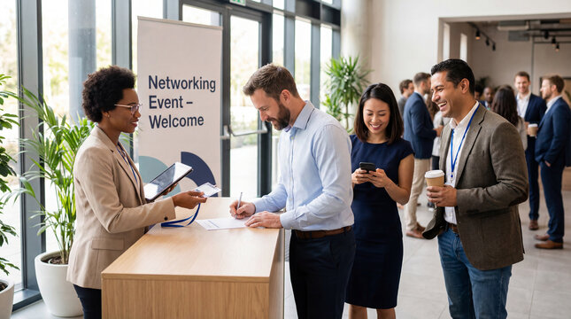 Diverse group of professionals registering at a networking event welcome desk, receptionist giving badge to businessman filling form with attendees connecting and socializing in the background