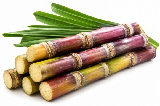 Fresh sugarcane stalks with green leaves rest on a white surface. Their skin shows rich purple and yellow hues. The ends are cut, revealing pale inner flesh. The leaves are long and slender