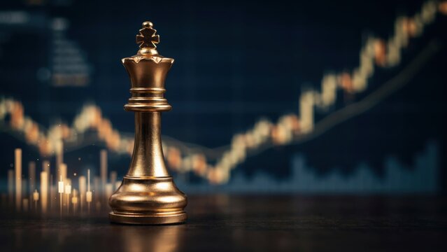 A golden chess king standing proudly against a backdrop of financial growth charts. Financial strategy concept for investment and market success ads.