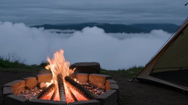 Cozy campfire burning beside a tent overlooking a sea of clouds loop 4k