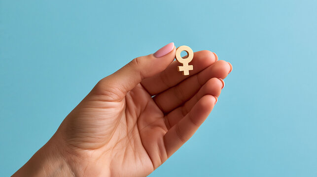 Woman's hand gently holding a small female symbol made from wood, gender equality, women's rights, empowerment, inclusion, equal opportunity, feminism, social advocacy, human