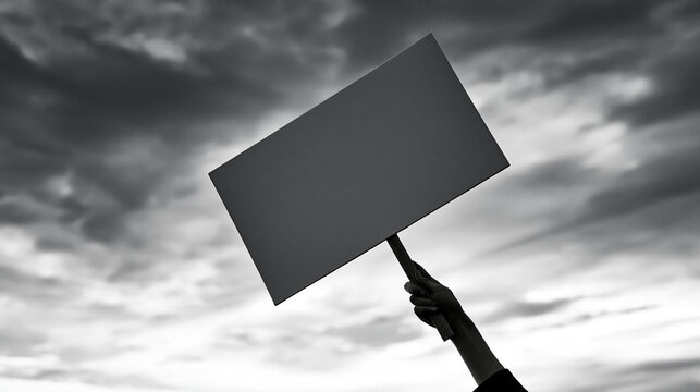 Faceless person holding a blank protest sign against a dramatic cloudy sky, peaceful activism, freedom of speech, human rights, equality, social justice, civic participation,