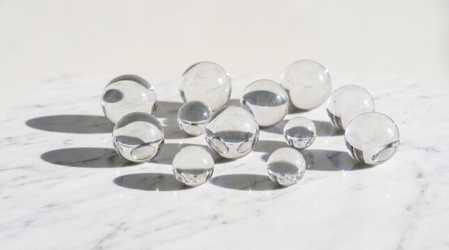 Transparent Glass Marbles on Marble Background, White Clear Spherical Orbs, Reflections on Stone Surface, Light White Crystal Balls, Minimalist Studio Photography, Transparent Spheres